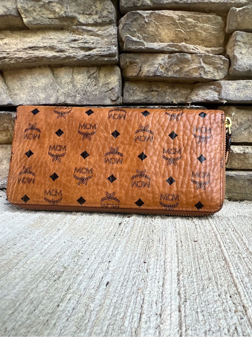 MCM Cognac Leather Zip-Around Wallet with Black Logo Print
